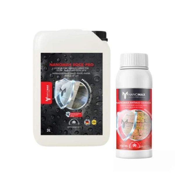 KIT Curățare Mucegai Verde & Alge – Pavaj, Piatră, Beton NanoMax Protecție piatră ROCK PRO 3 L + Curățare Mucegai Verde si Alge Piatra/pavaj 750 ml, Nanomax