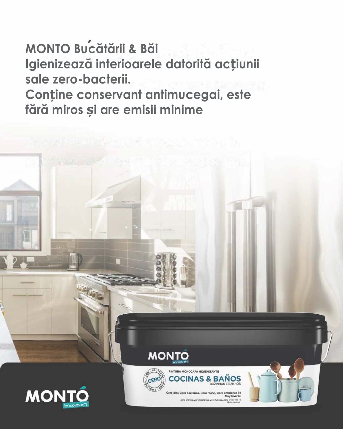 Vopsea IGIENIZANTA ANTIMUCEGAI – specială pentru bucătării, băi, locuinte, beton, zidarie, ciment, caramida, inodora, pe bază de apă, interior/exterior Monto, Alb, 2,5L - imagine 3