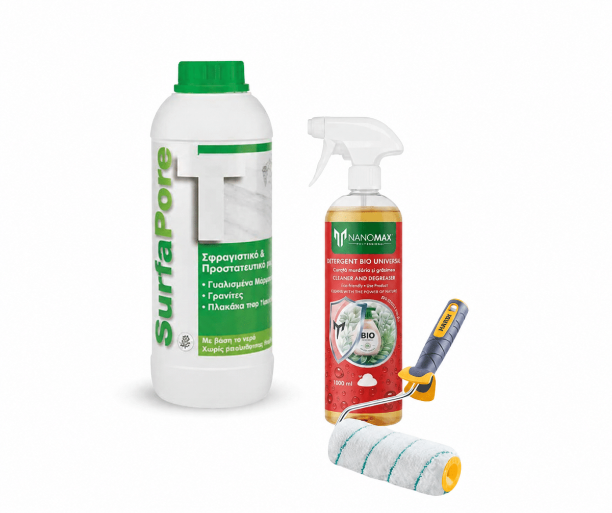 KIT Curățare & Protecție Gresie Porțelanată Balcon, Terasa – Anti-pete & Hidrofob NanoMax Impermeabilizant suprafete poroase/slab absorbante SurfaPore T 1L + Curățare 1L Gresie Porțelanată, Marmura, Faianta, Balcon Anti-pete + Trafalet, NanoMax - imagine 1